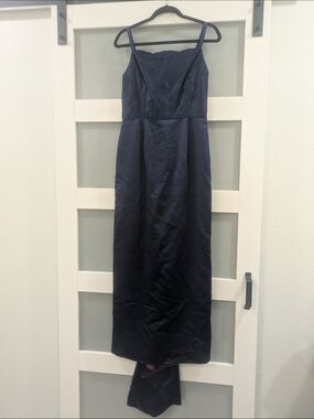 Navy Lace Bodice Spaghetti Strap Prom Dress